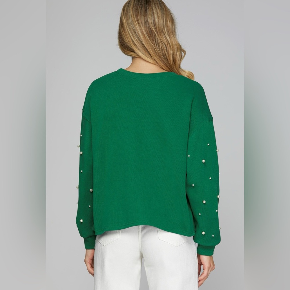 005. Pearl Sleeves Detailing Knit Top in Festive Green - Picture 3 of 4